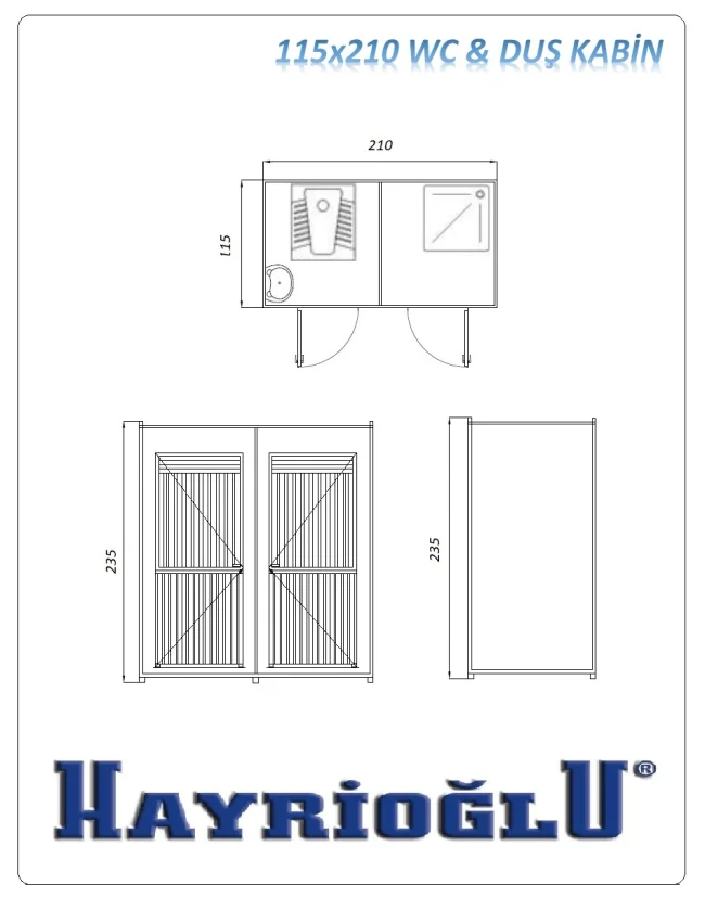 WC Panel Kabin 115x210 — teknik çizim