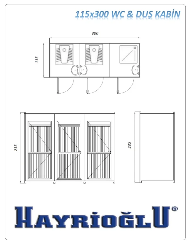 WC Panel Kabin 115x300 — teknik çizim