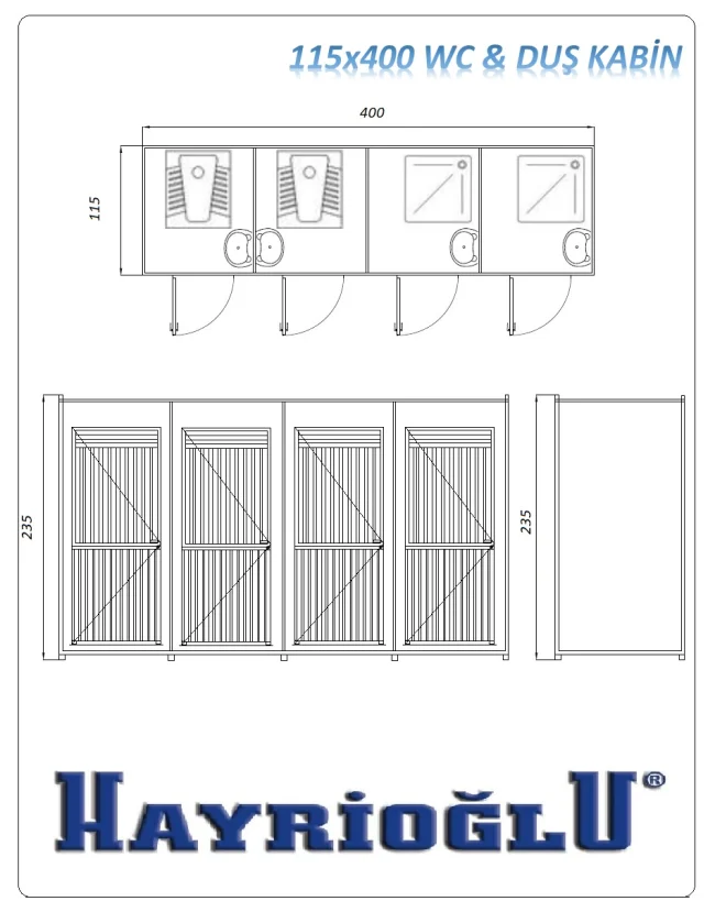 WC Panel Kabin 115x400 — teknik çizim