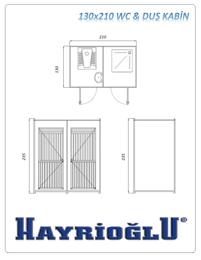 WC Panel Kabin 130x210 — teknik çizim